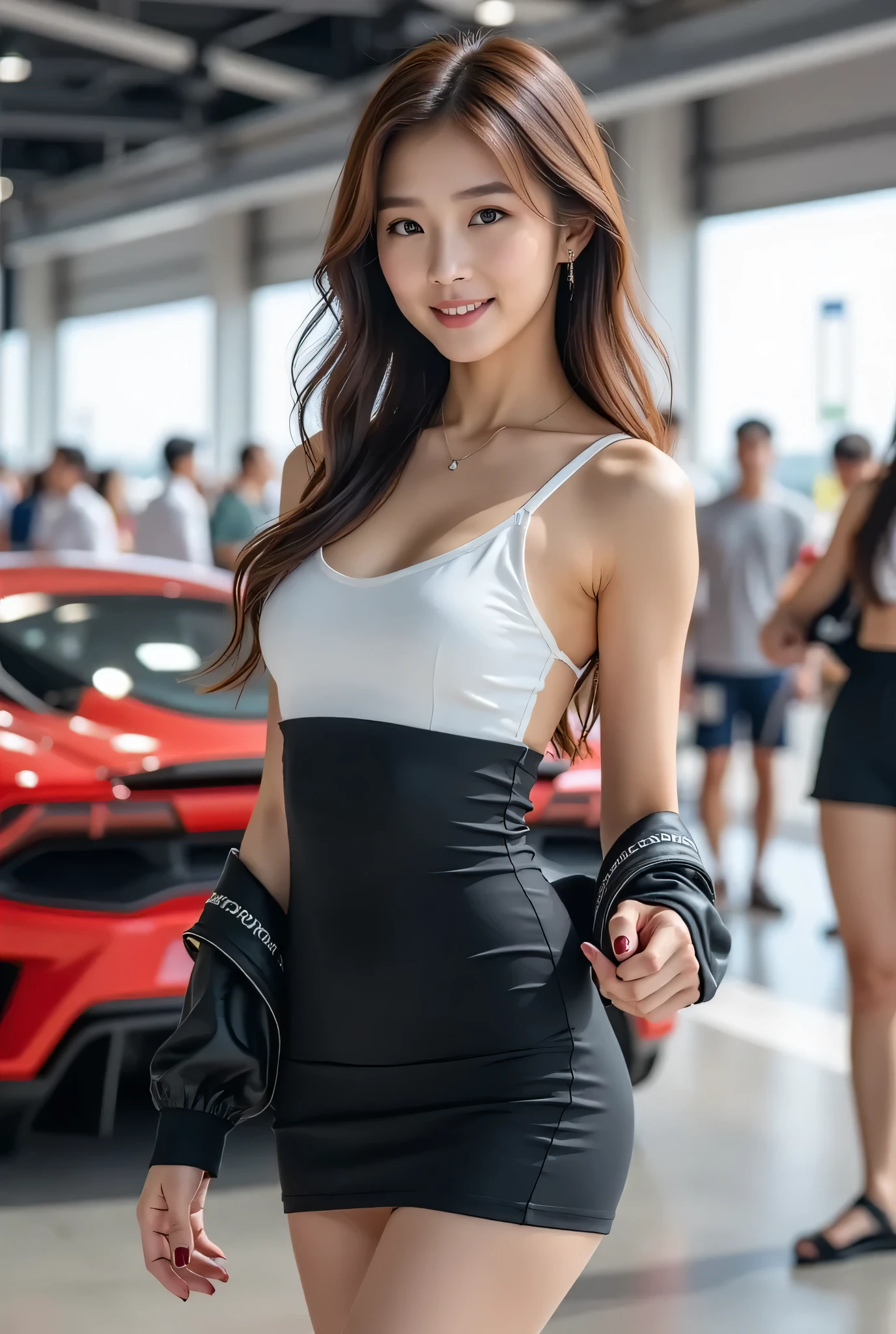(8k,    top quality, masterpiece), ( realistic   , photo     realistic   : 1.37),      super detailed   , one girl     , { grid girl wearing dress } Wear a tight dress、  Very Delicate Depiction  、 staring at the camera 、Motor show、Race Queen wearing a jacket、grid girl wearing camisole 