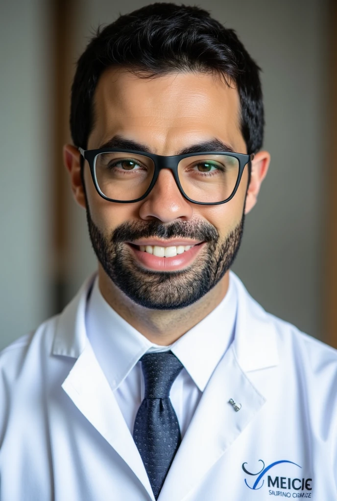 ((Professional headshot:1.3)), **a male nurse wearing glasses**, with a neatly groomed **beard** and natural low-profile haircut. He is dressed in a clean, crisp **white lab coat**, complemented by a **white shirt and a neatly tied tie** beneath it. His expression is warm and approachable, radiating professionalism and confidence, perfect for LinkedIn and digital marketing purposes.  

The background is softly blurred, using a gradient of **neutral tones**, creating a clean and professional atmosphere. Subtle lighting enhances the clarity of his glasses and the fine details of his face, emphasizing his friendly demeanor and polished appearance. The composition focuses on a **mid-frame portrait**, ensuring his uniform and professional attire are clearly visible while maintaining a balanced and elegant look. **(professional portrait, medical marketing, LinkedIn profile, clean and modern aesthetic, photorealistic)**.  