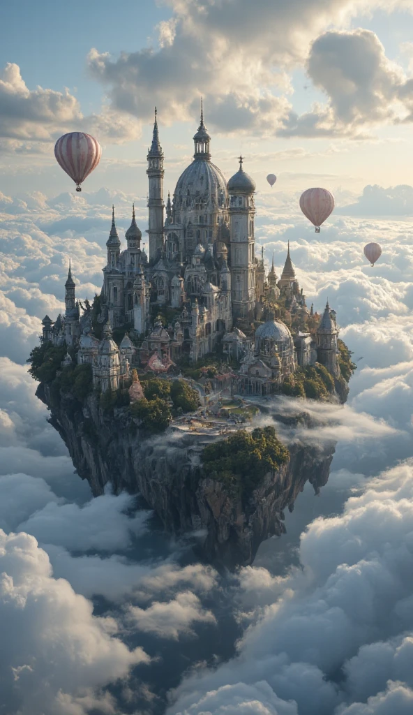 A fantasy city floating in the sky, surrounded by clouds and mist. The buildings have intricate designs, with hot air balloons carrying people to another island. High resolution photography of a detailed, epic and fantastic scene with a cinematic light and perspective, in the style of an award-winning photograph. The scene looks hyper realistic