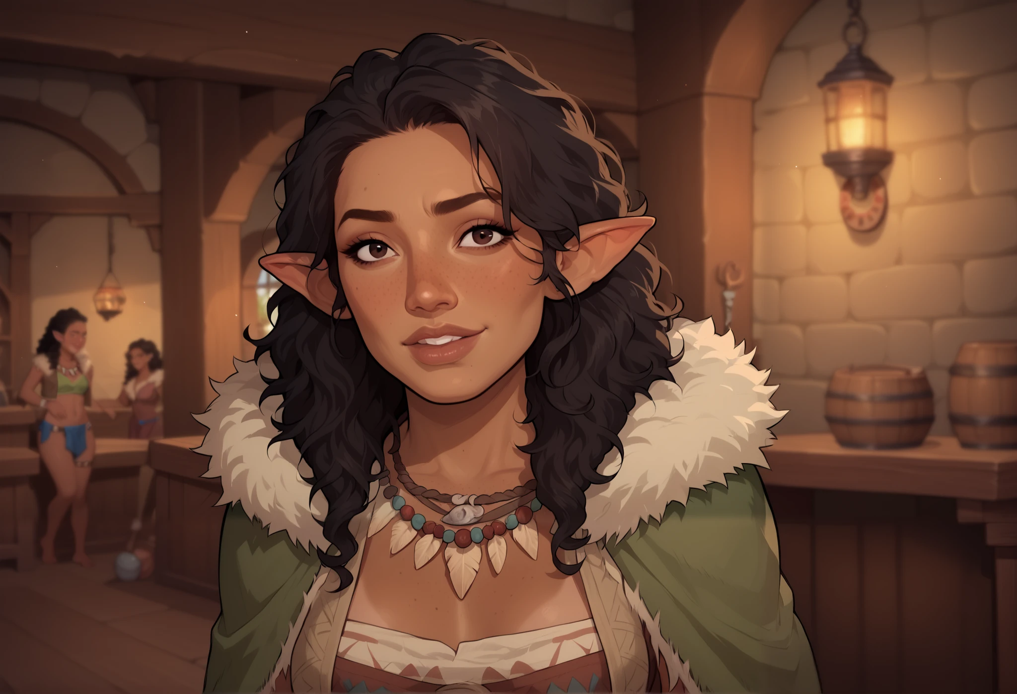 (((beautiful, high quality, comics style, detailed face))), score_9, score_8_up, score_7_up, BREAK, solo:1.4, pointed ears, mature woman, 55yo, wrinkles, milf, Latina appearance, long frizzy black hair, perfect dark eyes, (high cheek bones: 1.0), ((brown skin, tanned skin:1.3)), sexy body, freckles, small perky breasts, lanky, gangly, small medium cleavage, (black fur trimmed cape:1.2), chest, tribal clothes, chest band, necklace of teeth, holding a wooden staff, brown fur cape, female focus, portrait, upper body, portrait, looking at the viewer, bent over, vest, arm tattoos, fantasy tavern, blurred background, Expressiveh, detailx