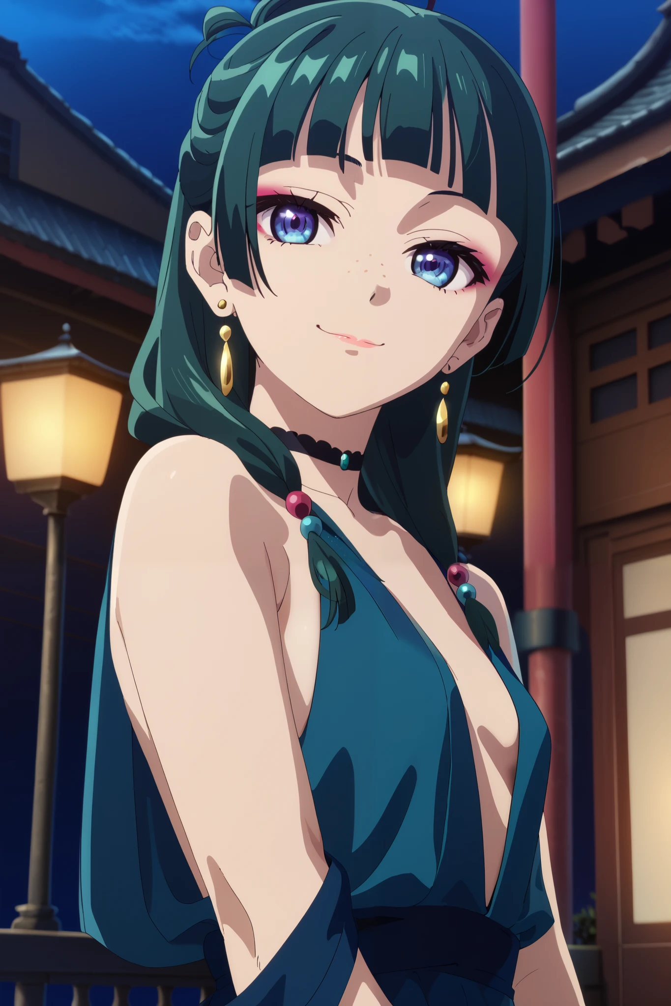 1girl, maomao, solo, green hair, long hair, blue eyes, BREAK blunt bangs, earrings, jewelry, freckles, straight hair, hair over shoulder, hair beads,  makeup, pink eyeliner, low twintails,, small breasts, pale skinned,    dynamic angle, takeda hiromitsu style,    dark blue evening dress with plunging neckline, golden earrings, golden rings, black choker with shining rhinestones, sideboobs, looking at viewer, soft smile, lovly smile,  petite, beautiful, night, 