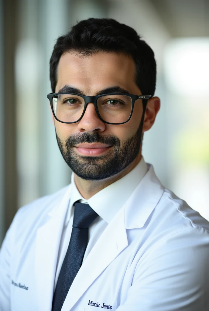 ((Professional headshot:1.3)), **a male nurse wearing glasses**, with a neatly groomed **beard** and natural low-profile haircut. He is dressed in a clean, crisp **white lab coat**, complemented by a **white shirt and a neatly tied tie** beneath it. His expression is warm and approachable, radiating professionalism and confidence, perfect for LinkedIn and digital marketing purposes.  

The background is softly blurred, using a gradient of **neutral tones**, creating a clean and professional atmosphere. Subtle lighting enhances the clarity of his glasses and the fine details of his face, emphasizing his friendly demeanor and polished appearance. The composition focuses on a **mid-frame portrait**, ensuring his uniform and professional attire are clearly visible while maintaining a balanced and elegant look. **(professional portrait, medical marketing, LinkedIn profile, clean and modern aesthetic, photorealistic)**.  