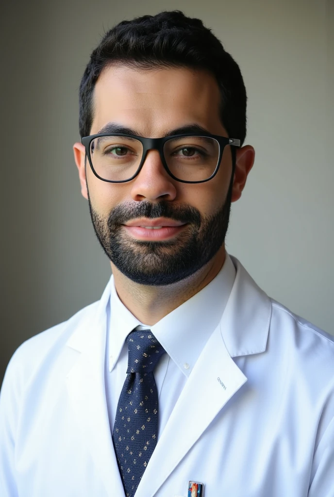 ((Professional headshot:1.3)), **a male nurse wearing glasses**, with a neatly groomed **beard** and natural low-profile haircut. He is dressed in a clean, crisp **white lab coat**, complemented by a **white shirt and a neatly tied tie** beneath it. His expression is warm and approachable, radiating professionalism and confidence, perfect for LinkedIn and digital marketing purposes.  

The background is softly blurred, using a gradient of **neutral tones**, creating a clean and professional atmosphere. Subtle lighting enhances the clarity of his glasses and the fine details of his face, emphasizing his friendly demeanor and polished appearance. The composition focuses on a **mid-frame portrait**, ensuring his uniform and professional attire are clearly visible while maintaining a balanced and elegant look. **(professional portrait, medical marketing, LinkedIn profile, clean and modern aesthetic, photorealistic)**.  