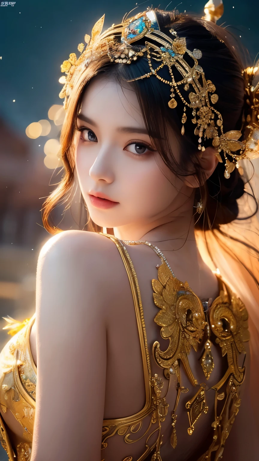 Mysterious goddess, woman in her 20s, beautiful large detailed eyes, beautiful detailed lips, mysterious and graceful pose, floating in a surrealistic landscape, glowing aura, ornate headdress, flowing robes, dramatic lighting, vibrant colors, (top quality,4K,8K, Hi-Res,Masterpiece:1.2),Ultra-Detailed,(Realistic,Photorealistic,Photorealistic:1.37),Fantasy,Intricate Detail,Cinematic Composition