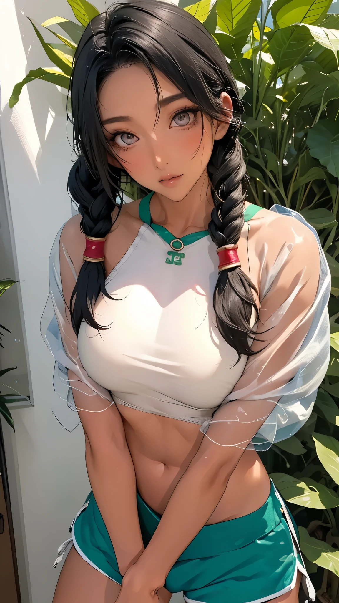 live-action、 real、(masterpiece, top quality :1.2), (( revealing clothing)),, upper body up, Alone, one girl、Green, attractive face , Dark Skin, dark skinned woman, Show Viewers , twin tails, braiding, farm work , Thin and supple muscles、 Athletic Body 、Arabian Costume, see-through, Microphone headband, adult appeal , Moderate bust, shorts, A lot of jewelry,Background with clusters of rainforest plants