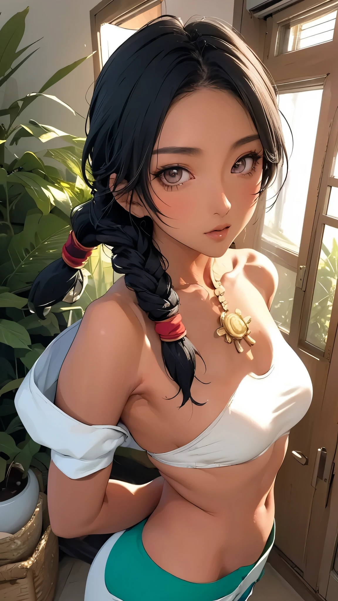 live-action、 real、(masterpiece,  top quality :1.2), (( revealing clothing)),, upper body up,Yoko face、 Alone,  one girl、Green,  attractive face , Dark Skin,  dark skinned woman,  Show Viewers ,  twin tails,  braiding,  farm work , Thin and supple muscles、 Athletic Body 、Arabian Costume,  see-through, Microphone headband,  adult appeal , Moderate bust,  shorts, A lot of jewelry,Background with clusters of rainforest plants