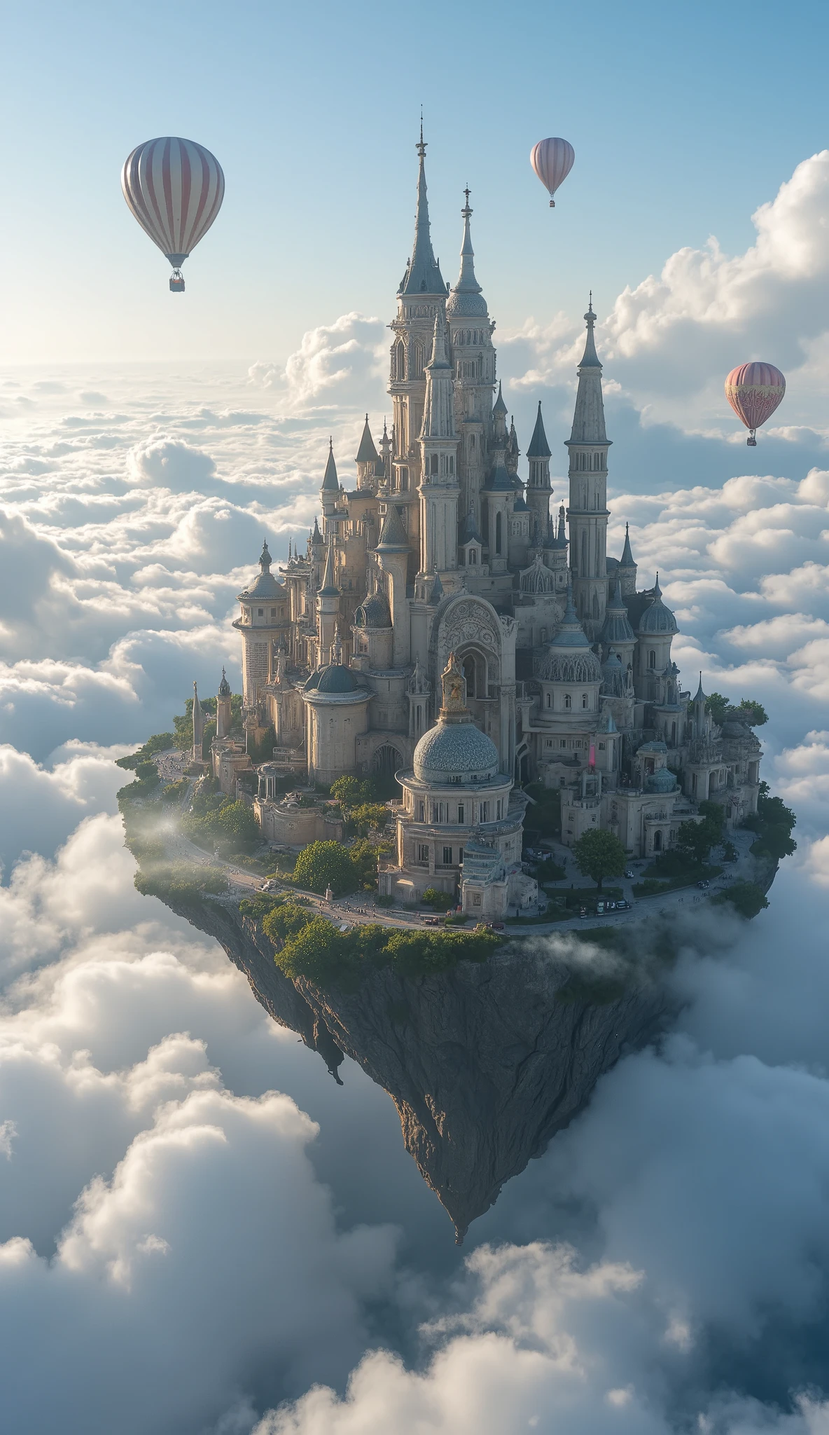 A fantasy city floating in the sky, surrounded by clouds and mist. The buildings have intricate designs, with hot air balloons carrying people to another island. High resolution photography of a detailed, epic and fantastic scene with a cinematic light and perspective, in the style of an award-winning photograph. The scene looks hyper realistic