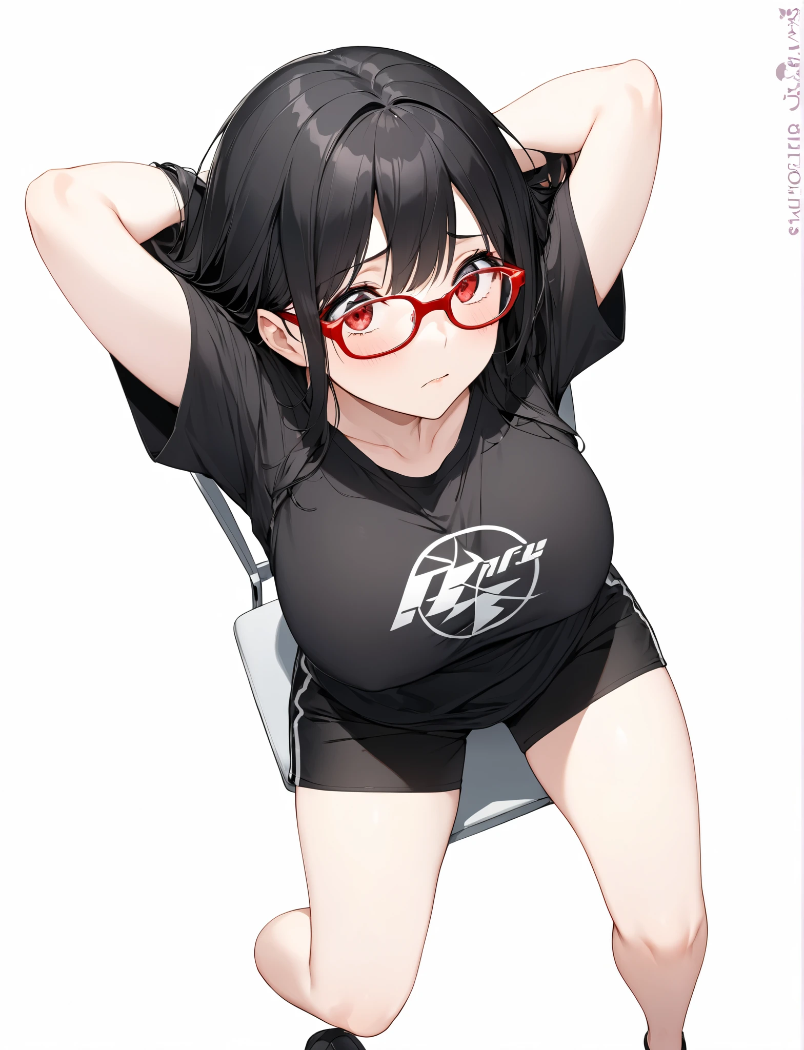 android, beautiful robot. Her curly short black hair is very short like army man, big smile, middle age, joint seam, black eyes, full body figure, Height: 160cm, She wears only micro mini pantie, show pantie, Uplifting, 21th century japan animation, she wares metal flame glasses.