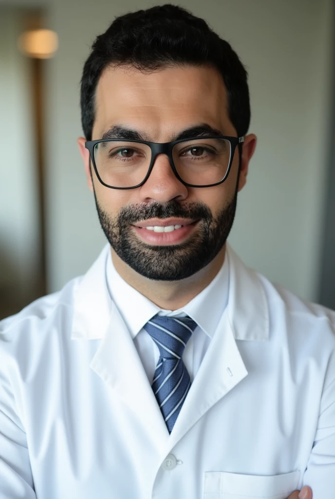 ((Professional headshot:1.3)), **a male nurse wearing glasses**, with a neatly groomed **beard** and natural low-profile haircut. He is dressed in a clean, crisp **white lab coat**, complemented by a **white shirt and a neatly tied tie** beneath it. His expression is warm and approachable, radiating professionalism and confidence, perfect for LinkedIn and digital marketing purposes.  

The background is softly blurred, using a gradient of **neutral tones**, creating a clean and professional atmosphere. Subtle lighting enhances the clarity of his glasses and the fine details of his face, emphasizing his friendly demeanor and polished appearance. The composition focuses on a **mid-frame portrait**, ensuring his uniform and professional attire are clearly visible while maintaining a balanced and elegant look. **(professional portrait, medical marketing, LinkedIn profile, clean and modern aesthetic, photorealistic)**.  