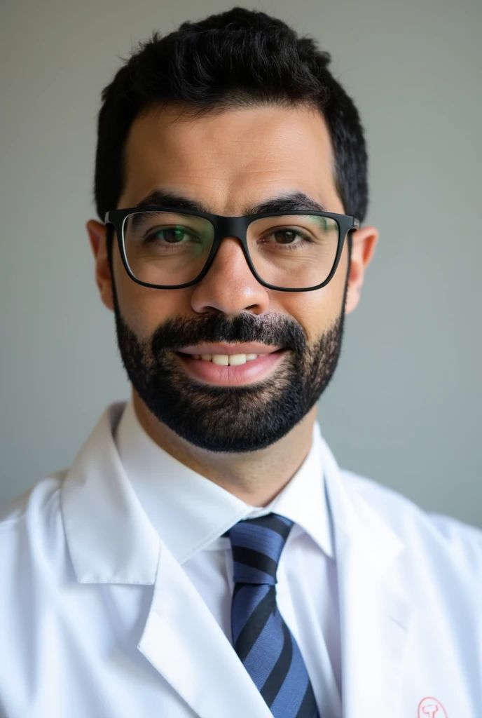 ((Professional headshot:1.3)), **a male nurse wearing glasses**, with a neatly groomed **beard** and natural low-profile haircut. He is dressed in a clean, crisp **white lab coat**, complemented by a **white shirt and a neatly tied tie** beneath it. His expression is warm and approachable, radiating professionalism and confidence, perfect for LinkedIn and digital marketing purposes.  

The background is softly blurred, using a gradient of **neutral tones**, creating a clean and professional atmosphere. Subtle lighting enhances the clarity of his glasses and the fine details of his face, emphasizing his friendly demeanor and polished appearance. The composition focuses on a **mid-frame portrait**, ensuring his uniform and professional attire are clearly visible while maintaining a balanced and elegant look. **(professional portrait, medical marketing, LinkedIn profile, clean and modern aesthetic, photorealistic)**.  