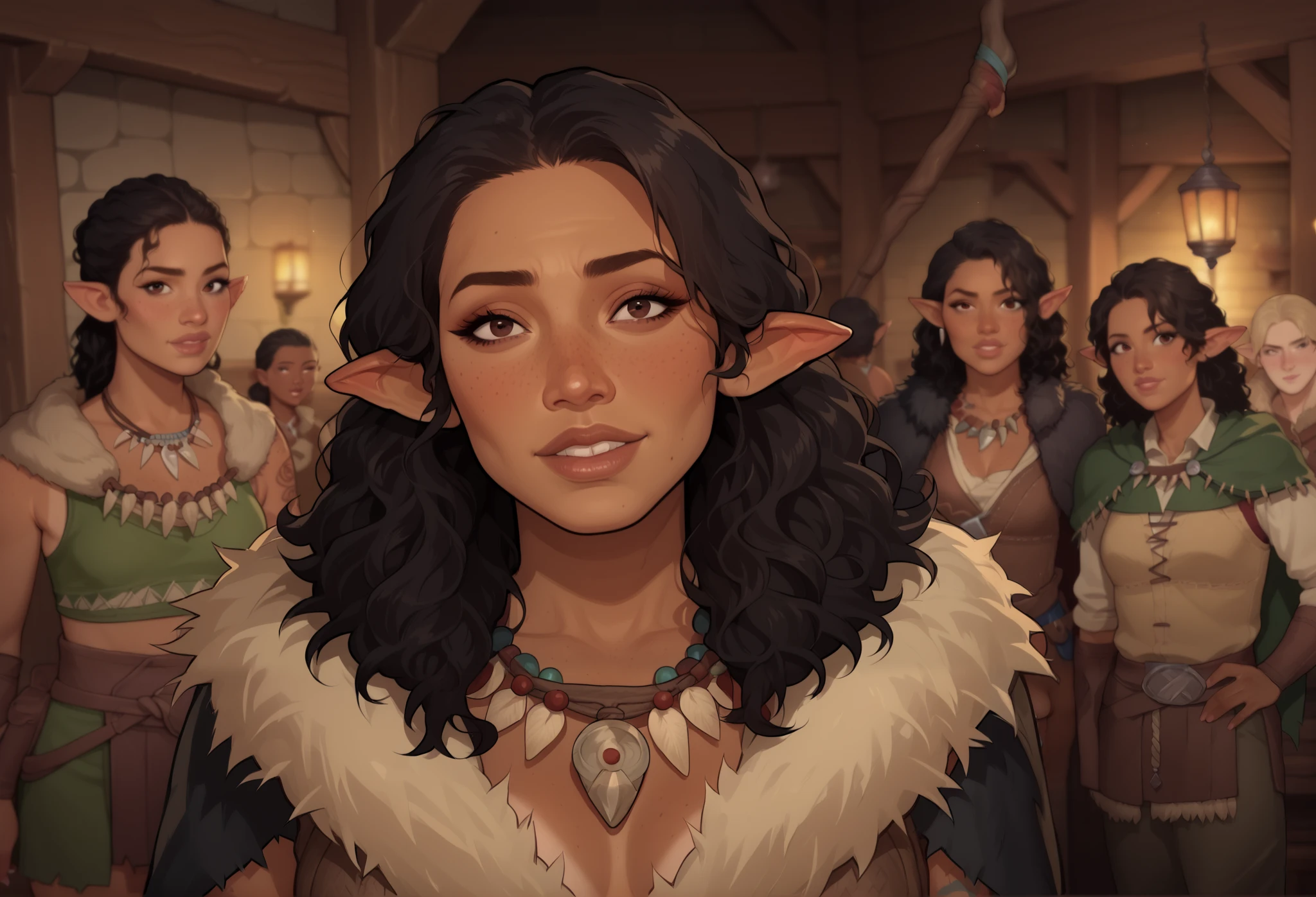 (((beautiful, high quality, comics style, detailed face))), score_9, score_8_up, score_7_up, BREAK, solo:1.4, pointed ears, mature woman, 55yo, wrinkles, milf, Latina appearance, long frizzy black hair, perfect dark eyes, (high cheek bones: 1.0), ((brown skin, tanned skin:1.3)), sexy body, freckles, small perky breasts, lanky, gangly, small medium cleavage, (black fur trimmed cape:1.2), chest, tribal clothes, chest band, necklace of teeth, holding a wooden staff, brown fur cape, female focus, portrait, upper body, portrait, looking at the viewer, bent over, vest, arm tattoos, fantasy tavern, blurred background, Expressiveh, detailx