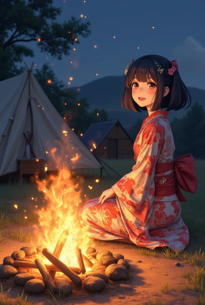 A beautiful anime girl celebrating the new year ,  is having a bonfire in front of a tent at the campsite