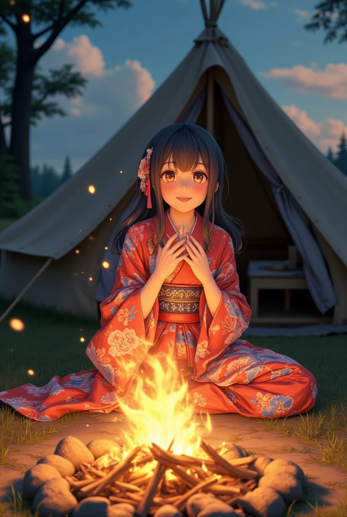 A beautiful anime girl celebrating the new year ,  is having a bonfire in front of a tent at the campsite