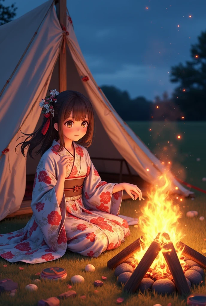 A beautiful anime girl celebrating the new year ,  is having a bonfire in front of a tent at the campsite