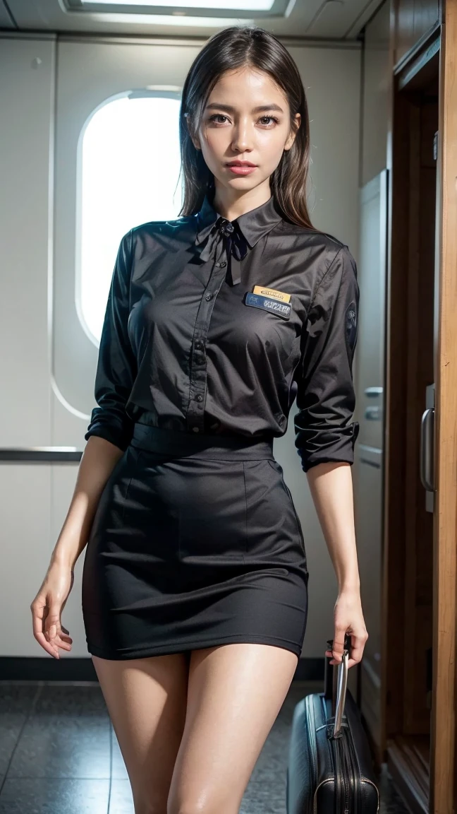 A beautiful, 24-year-old Japanese woman with perfect anatomy, healthy thighs, beautiful legs, beautiful skin, random hair color and style, large breasts, (wearing a flight attendant uniform with a mini-skirt:1.3), (she is standing:1.2), full body shot, pumps, carrying a suitcase, at the airport, (best quality,4k,8k,highres,masterpiece:1.3),(extremely detailed:1.2),realistic,photorealistic,photo-realistic:1.37,professional,vivid colors, studio lighting, Masami Nagasawa