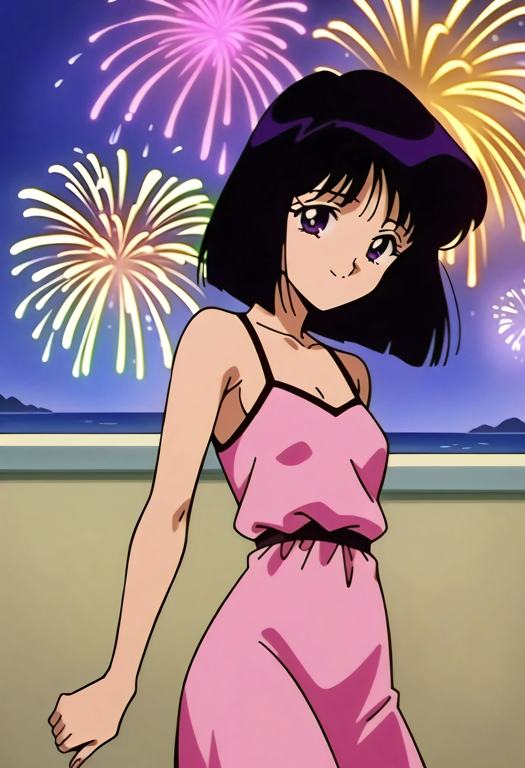 masterpiece, best quality, very aesthetic, absurdres, anime artwork, anime style, highly detailed, 1990s \(style\), BREAK 1girl, solo, Sailor Saturn XL, bob cut, black hair, purple eyes, big eyes, collarbone,  smile, looking at viewers, golden necklace, short pink dress, a spaghetti strap pink dress, closed mouth, arms at side,  balcony, beach, night, fireworks on New Year’s Day, cowboy shot small breast, looking at viewers, smile, 
