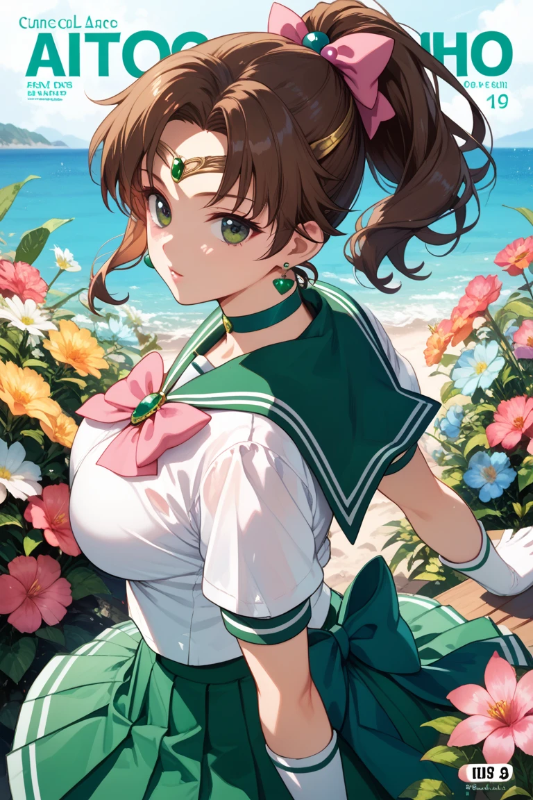 magazine cover, makoto kino,brown hair,circlet,green eyes,hair bobbles,hair ornament,medium hair,ponytail,sidelocks,parted bangs,back bow,bow,bowtie,brooch,choker,earrings,elbow gloves,flower earrings,gem,gloves,green choker,green gemstone,green sailor collar,green skirt,jewelry,miniskirt,pink bow,pink bowtie,pleated skirt,sailor collar,shirt,short sleeves,sidelocks,skirt,white gloves,white shirt,sailor senshi uniform,big breasts,1girl,solo,