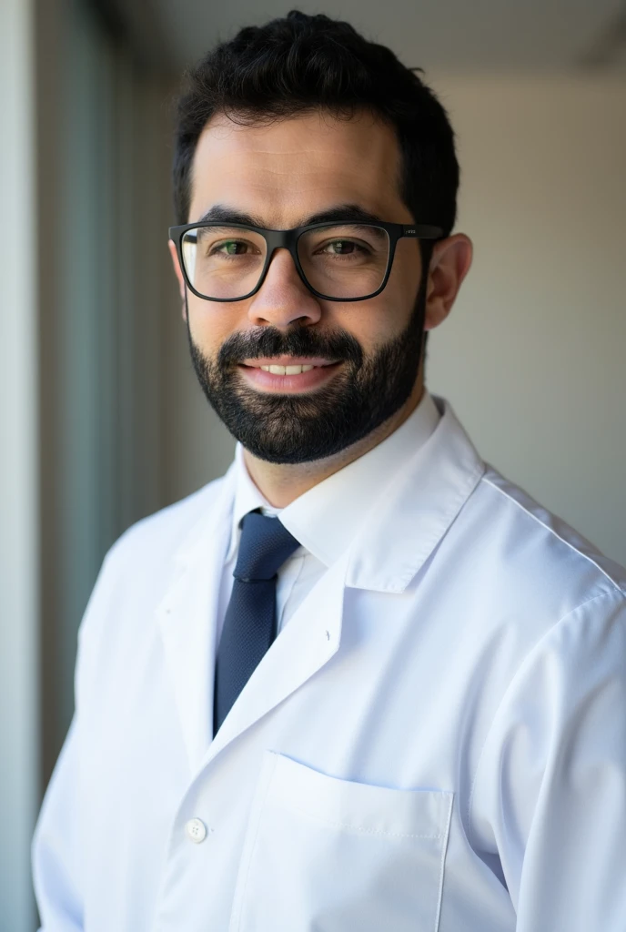 ((Professional headshot:1.3)), **a male nurse wearing glasses**, with a neatly groomed **beard** and natural low-profile haircut. He is dressed in a clean, crisp **white lab coat**, complemented by a **white shirt and a neatly tied tie** beneath it. His expression is warm and approachable, radiating professionalism and confidence, perfect for LinkedIn and digital marketing purposes.  

The background is softly blurred, using a gradient of **neutral tones**, creating a clean and professional atmosphere. Subtle lighting enhances the clarity of his glasses and the fine details of his face, emphasizing his friendly demeanor and polished appearance. The composition focuses on a **mid-frame portrait**, ensuring his uniform and professional attire are clearly visible while maintaining a balanced and elegant look. **(professional portrait, medical marketing, LinkedIn profile, clean and modern aesthetic, photorealistic)**.  