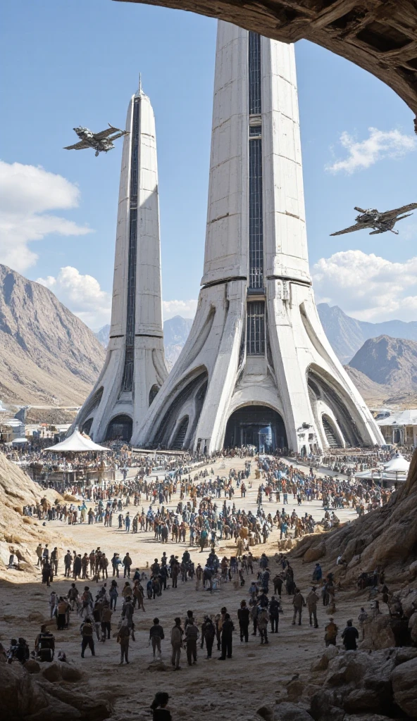 A futuristic spaceport with people and spaceships, tall white buildings, in the style of Star Wars, wide shot, a huge crowd of aliens standing around the main building