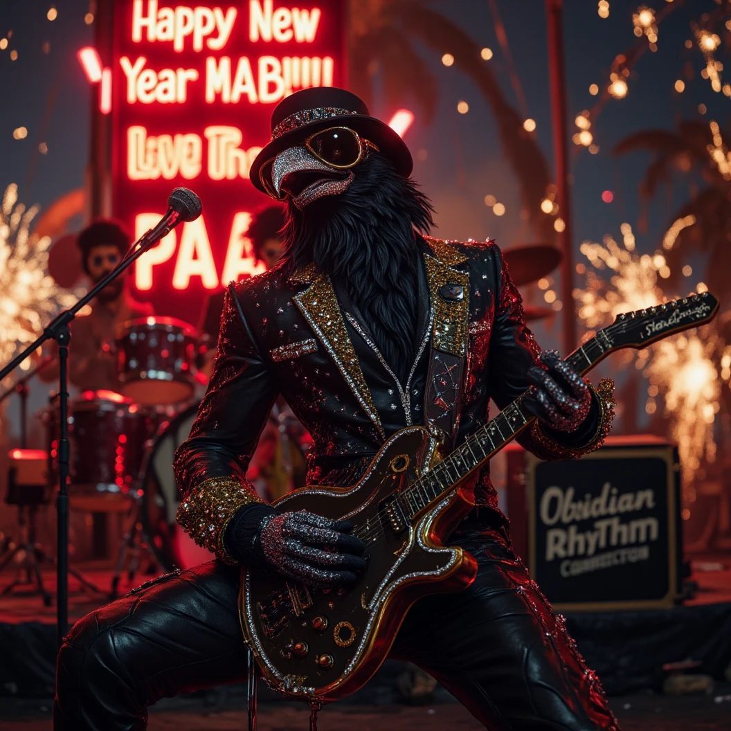 Muscular Anthropomorphic raven donned in intricate black suit with gold trim made of diamonds and a black diamond fedora. Diamonds cover his beak. Dynamically singing. Wears large sunglasses. Lead singer and electric guitar player of a jazz band at a high end jazz club. Sings in to a retro style microphone while playing his guitar. Behind the open air stage, fireworks burst. The words "Happy New Year MAB!!!   Live From The Pearl" on a neon sign. The base drum reads "Obsidian Rhythm Connection". Dynamic jazz band scene, dynamic pose, High Resolution, Masterpiece, Cinematic, Character Design, Hyperdetailed, Cinematography,  cinematic lighting, Depth Of Field, Sparkle, Ray Tracing, Image Fill, Dynamic Pose, old fashion microphone 