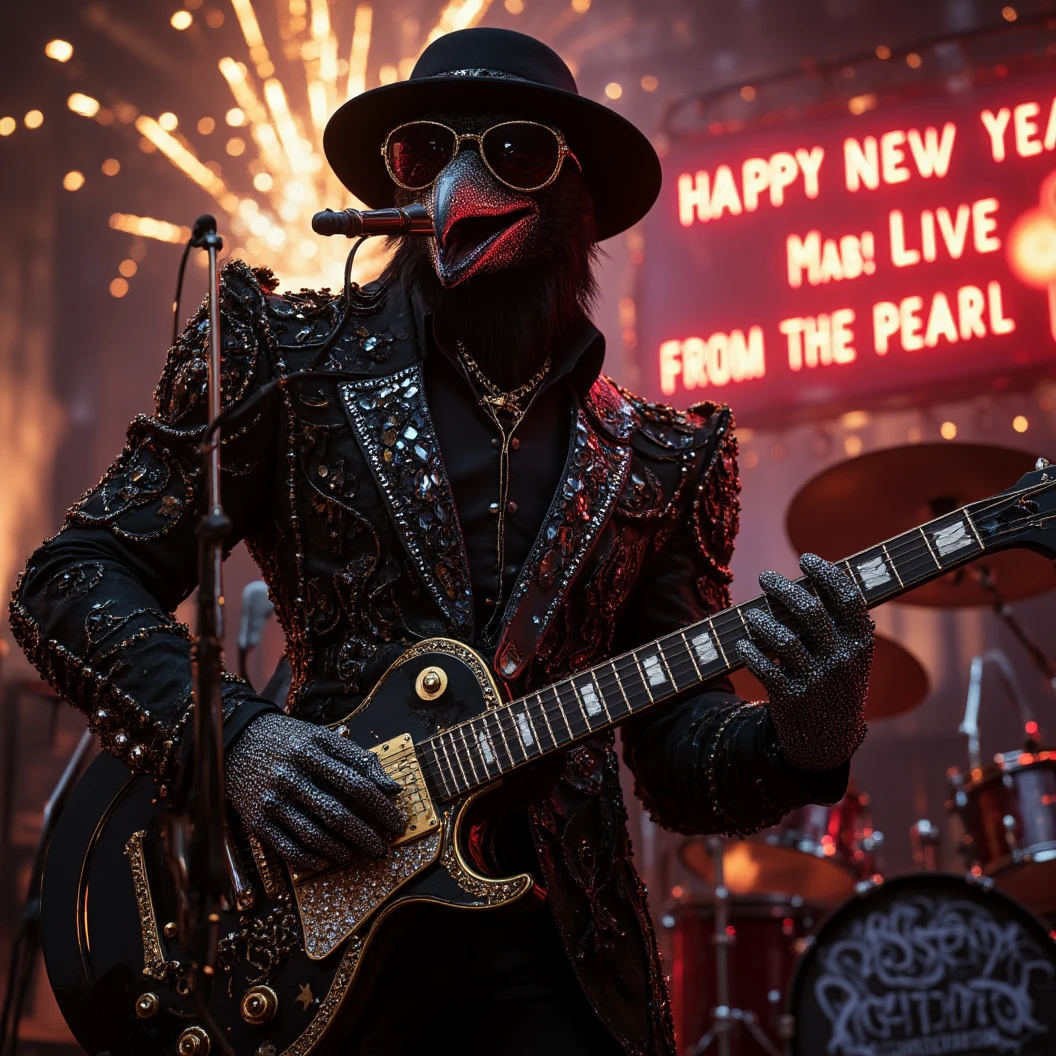 Muscular Anthropomorphic raven donned in intricate black suit with gold trim made of diamonds and a black diamond fedora. Diamonds cover his beak. Dynamically singing. Wears large sunglasses. Lead singer and electric guitar player of a jazz band at a high end jazz club. Sings in to a retro style microphone while playing his guitar. Behind the open air stage, fireworks burst. The words "Happy New Year MAB!!!   Live From The Pearl" on a neon sign. The base drum reads "Obsidian Rhythm Connection". Dynamic jazz band scene, dynamic pose, High Resolution, Masterpiece, Cinematic, Character Design, Hyperdetailed, Cinematography,  cinematic lighting, Depth Of Field, Sparkle, Ray Tracing, Image Fill, Dynamic Pose, old fashion microphone 