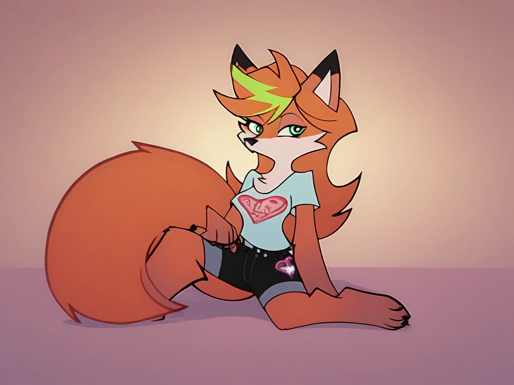 The image features an anthropomorphic fox in the distinct art style of Panty and Stocking with Garterbelt. The fox is sitting cross-legged on the floor, with a relaxed posture that exudes a laid-back vibe. Its fur is a vibrant orange with white accents around the chest, tail, and muzzle, while the tail itself is thick and fluffy, resting comfortably beside it. The fox's large, expressive eyes are drawn with bold black outlines, and its pupils are large and animated, capturing the over-the-top, exaggerated style that Panty and Stocking is known for.

The fox is wearing a simple yet stylish outfit—perhaps a loose-fitting T-shirt and black shorts, consistent with the show’s casual fashion. Its paws are resting gently on the knees, and the fingers of one hand are slightly curled as if relaxed from lounging. The tail flicks occasionally, adding a bit of movement and personality to the scene. The fox's ears are perked up, giving it an attentive but comfortable expression as it watches the TV screen in front of it.

The TV, likely a retro-inspired design, is glowing with colorful lights from the screen, reflecting off the fox’s face and casting subtle highlights on its fur. The background is minimalistic, with soft pastel tones framing the scene, emphasizing the focus on the character. The overall atmosphere feels cozy and calm, with the fox completely absorbed in the TV show it's watching, its tail swaying lightly in rhythm with the excitement or action unfolding on the screen.