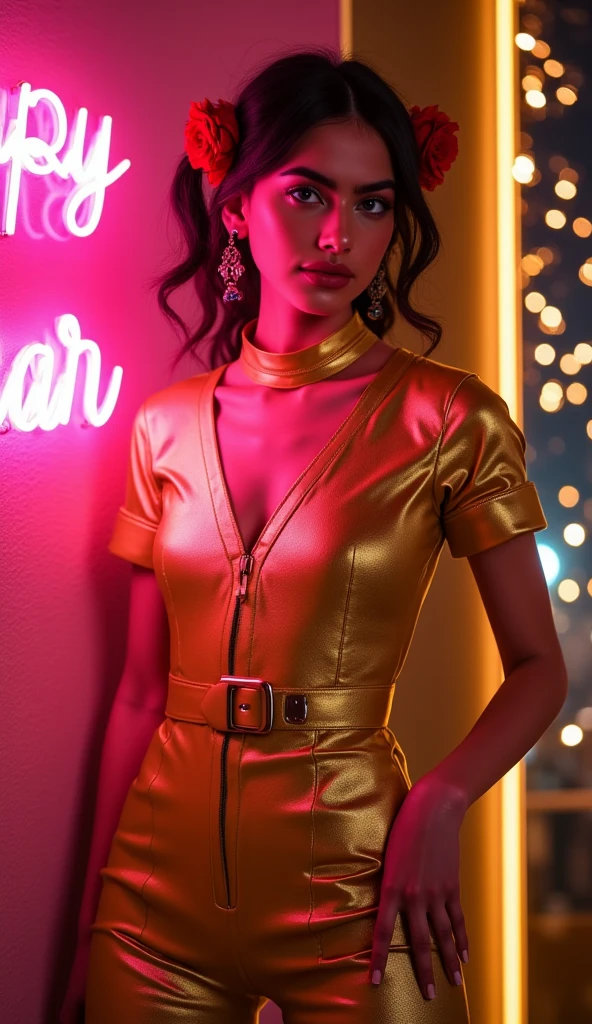 eloquent fashion renders by julian, in the style of ilya kuvshinov, golden light, exotic realism, dan mumford, smooth and shiny, xiaofei yue, ferrania p30::3 , a skinny slim teen girl in a golden skintight suit is posing in a light room, beautiful Golden light through a window, Colorful fireworks outside the window, (she is holding an pink neon sign text "Happy New Year"), white and red rose’s in here hair, in the style of hyper-realistic oil, asian-inspired, light silver and light magenta, illustration, shiny/glossy, glamorous hollywood portraits, detailed character illustrations :: 2, a young happy neon pink haired girl in a tight cosmic dress, i can't believe it can be so marvelous and stunning, full-body tattoos, ornate, rococo, grotesque, ornate, art nouveau, symmetrical, turquoise jewelry, red smoke, roses, hypermaximalist, elegant, vintage, hyper realistic, super detailed, pastel colors