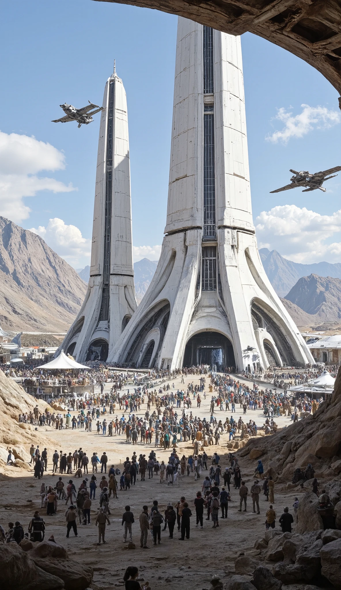 A futuristic spaceport with people and spaceships, tall white buildings, in the style of Star Wars, wide shot, a huge crowd of aliens standing around the main building