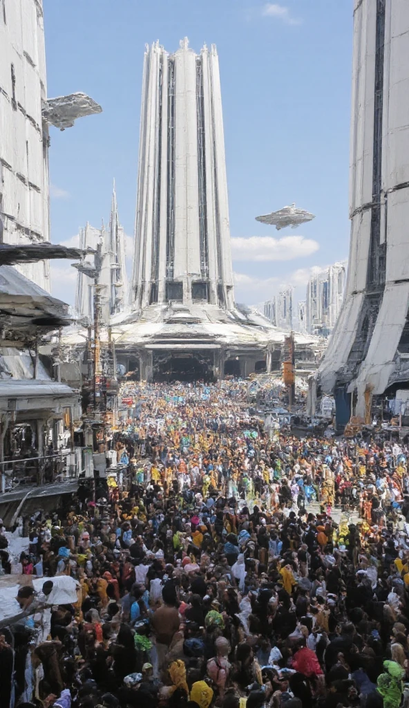 A futuristic spaceport with people and spaceships, tall white buildings, in the style of Star Wars, wide shot, a huge crowd of aliens standing around the main building