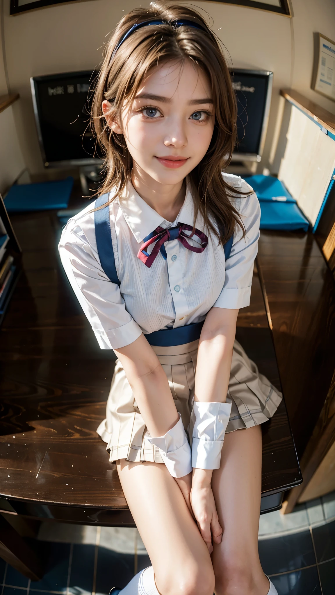 12-year-old girl with prosthetic right arm、Provocative gaze、Young features、Sweat running down the nape of the neck、Kiss marks on the nape of the neck、Slender limbs、small tits、A dark-haired、Bangs clinging to sweat、Sweat stains in the armpits、Clothes are damp from sweat under them、The skirt is damp from sweat on the inside of the skirt、Sunlight is shining in、Sweat slightly oozes on the skin、Teenage skin、Fine-grained skin、Precision mechanical prosthetic hand、There are aluminum and alloy prosthetic hands、Prosthetic hand like a mechanical watch with detailed construction、Clothes stuck to sweat、Sweat running down the inside of the thigh、Realistic skin、summer day