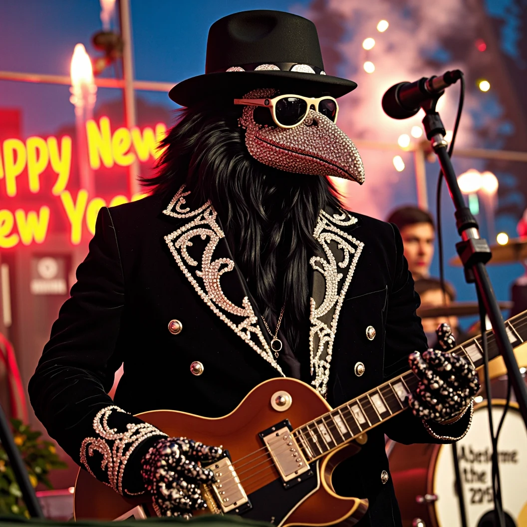 Muscular Anthropomorphic raven donned in intricate black suit with gold trim made of diamonds and a black diamond fedora. Diamonds cover his beak. Dynamically singing. Wears large sunglasses. Lead singer and electric guitar player of a jazz band at a high end jazz club. Sings in to a retro style microphone while playing his guitar. Behind the open air stage, fireworks burst. The words "Happy New Year MAB!!!   Live From The Pearl" on a neon sign. The base drum reads "Obsidian Rhythm Connection". Dynamic jazz band scene, dynamic pose, High Resolution, Masterpiece, Cinematic, Character Design, Hyperdetailed, Cinematography,  cinematic lighting, Depth Of Field, Sparkle, Ray Tracing, Image Fill, Dynamic Pose, old fashion microphone 