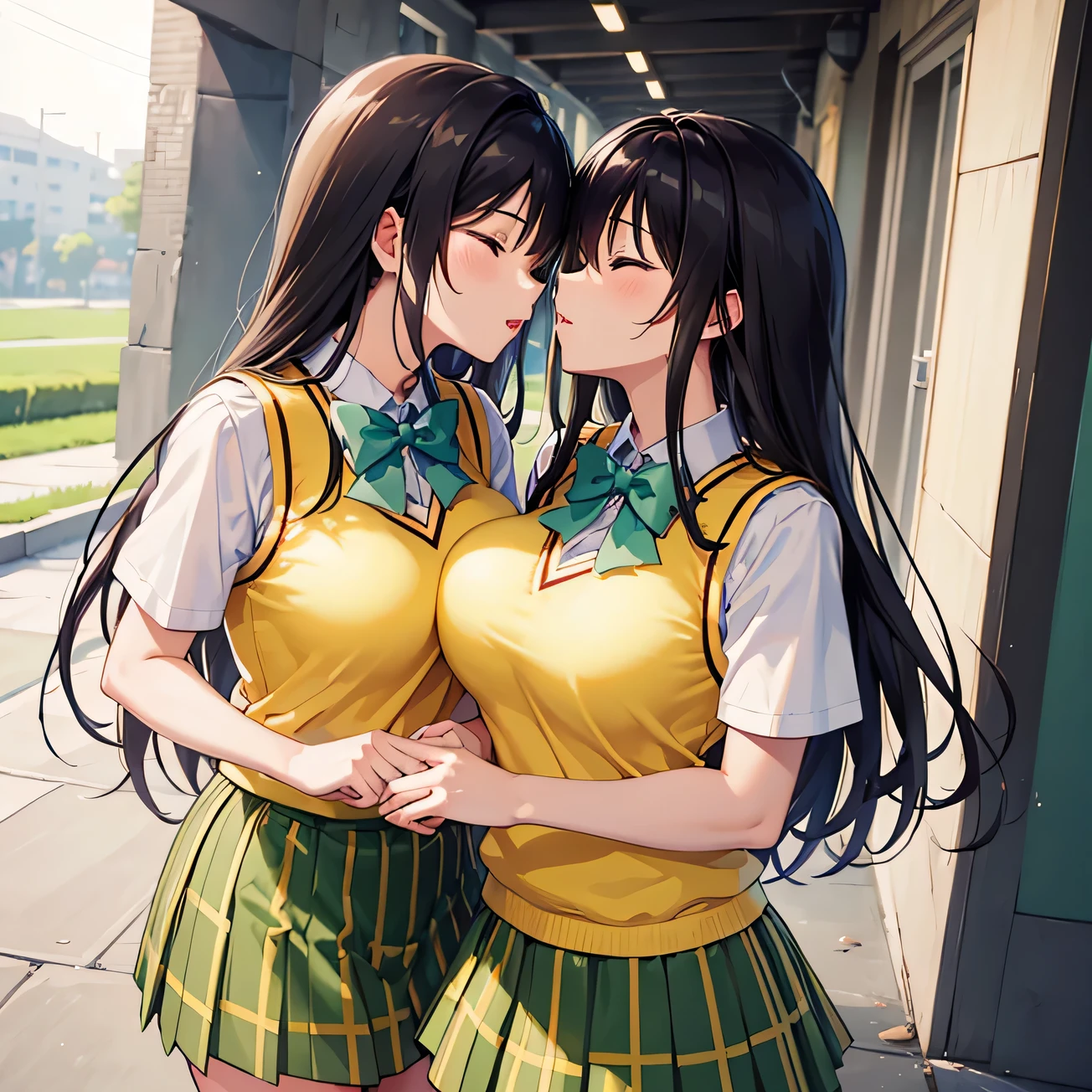 masterpiece, top quality , defYui, yellow sweater vest , white shirt, Short sleeve, Green Bow Tie , plaid miniskirt to make up for embarrassment, Big Breasts, upper body, closed eyes , imminent kiss , the above, corridor, skirts