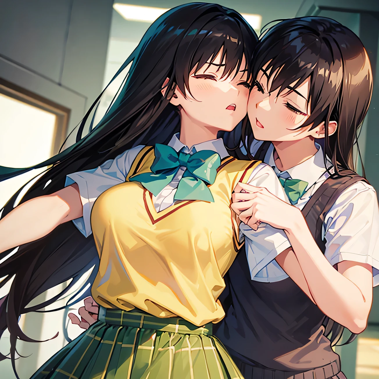 masterpiece,  top quality , defYui,  yellow sweater vest ,  white shirt, Short sleeve,  Green Bow Tie ,   plaid miniskirt to make up for embarrassment,  Big Breasts,  upper body,  closed eyes ,  imminent kiss , the above, corridor, 