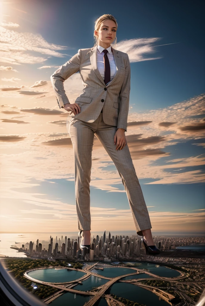 view from outer space of an approaching young giga giantess, Giantess art, 500 miles tall giga giantess, young white sophisticated and stylish woman in a light grey italian trouser suit, form fitting crisp office shirt, and a large wide necktie in a windsor knot, with a beautiful, curvaceous figure, large natural breasts, white blonde hair in a very long ponytail, with a curvaceous figure and massive breasts. wearing black rounded court high heels with uncovered feet and standing, rampage-like pose, with a city skyscrapers background of mega-city, skyscapers, bright daylight, cloudy atmosphere. The image is a high-resolution, masterpiece-quality, cinematic, ultra-detailed, and hyper-photorealistic photograph, with perfect hands, face, and lighting. ultra-detailed, 8K, photo-realistic, hyper-realistic, masterpiece, intricate details, full body view. Looking pasted camera, The image is a high-resolution, masterpiece-quality, cinematic, ultra-detailed, and hyper-photorealistic photograph, with perfect hands, face, and lighting. ultra-detailed, 8K, photo-realistic, hyper-realistic, masterpiece, intricate details, from down below