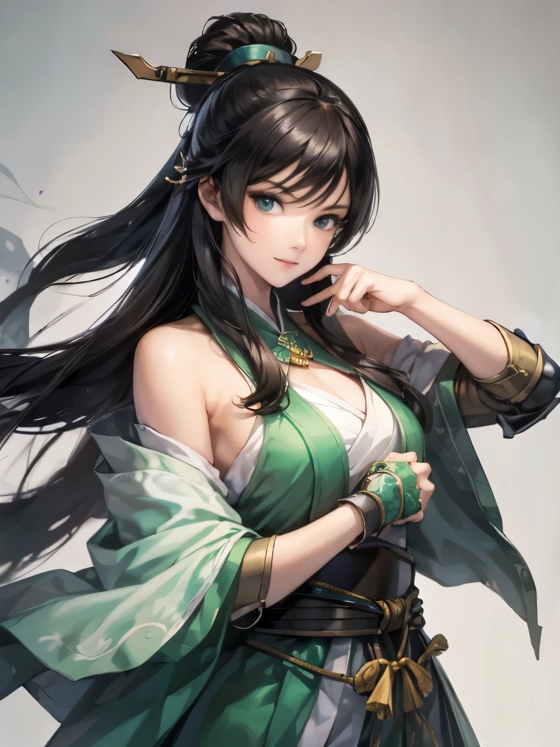 beautiful woman with dark hair :1.3, Stunning Character Art , Hanfu,(( pure white background)), ( top quality ), handsome,Beautiful female knight, 2. 5D CGI fantasy artwork, detailed digital art , Very nice work of art, fan Art Best Art Station, ( green cloak ),(warrior:1.2) are expressionless, accurately drawn hands 、 I'm putting my hands on my lower back, with little pubic hair、Chinese Armor,From the waist up、One woman、 Faint Smile 、White space above the head,masterpiece, Perfect picture, Realistic Drawing , The chest part of the armor is wide open 、 Her Breasts Are Exposed 、 has spears