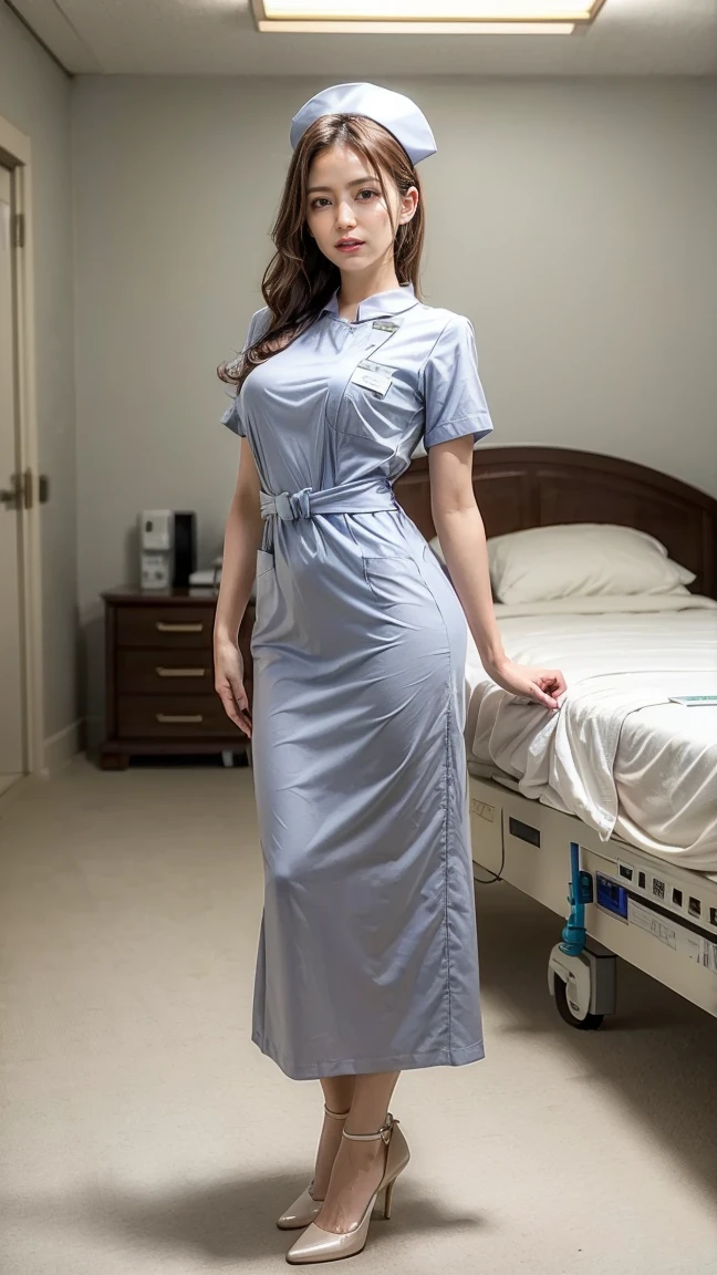 a beautiful young 24-year-old Japanese woman, beautiful, detailed anatomy, beautiful skin, random hair color and hairstyle, big breasts, nurse hat, (nurse uniform:1.3), nurse cap, (she is standing:1.2), full body shot, high heels, hospital, (best quality,8k, masterpiece:1.3), (extremely detailed:1.2), Masami Nagasawa