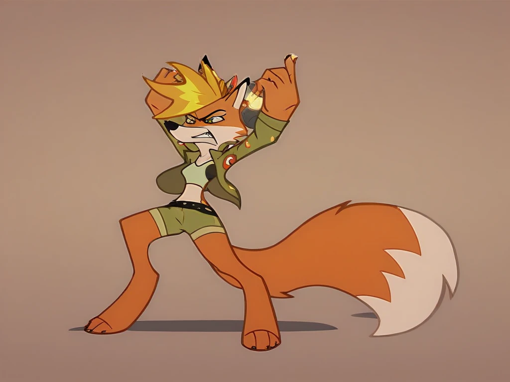 Imagine an anthro fox character designed in the distinctive Panty and Stocking with Garterbelt art style, which features sharp, bold lines, exaggerated features, and a mix of vibrant colors. The fox has a sleek, dynamic appearance, with large expressive eyes and a mischievous smirk. It sports a short fur coat in bright orange, with white markings on its belly, tail tip, and under its ears.

In the scene, the fox is dramatically cut in half, with its body cleanly divided into two sections, each falling in opposite directions. The fox’s limbs are splayed out, and its head remains in a shocked expression, eyes wide as if realizing what’s happening. The cut is so clean that it almost seems surreal, with no blood but instead stylized, sharp "slashes" of energy or light emanating from the incision. The pieces of the fox’s body are shown floating in mid-air, with jagged lines indicating the force of the action, and the background might be a chaotic mix of neon colors, adding to the intense, over-the-top, and visually striking nature of the scene.

The character’s tail is still attached to one half, flailing as if in mid-motion, while the other half falls away, still maintaining a cartoonish yet disturbing energy. The whole image is over-the-top, dramatic, and surreal, with the animation style’s usual mix of humor and chaos.