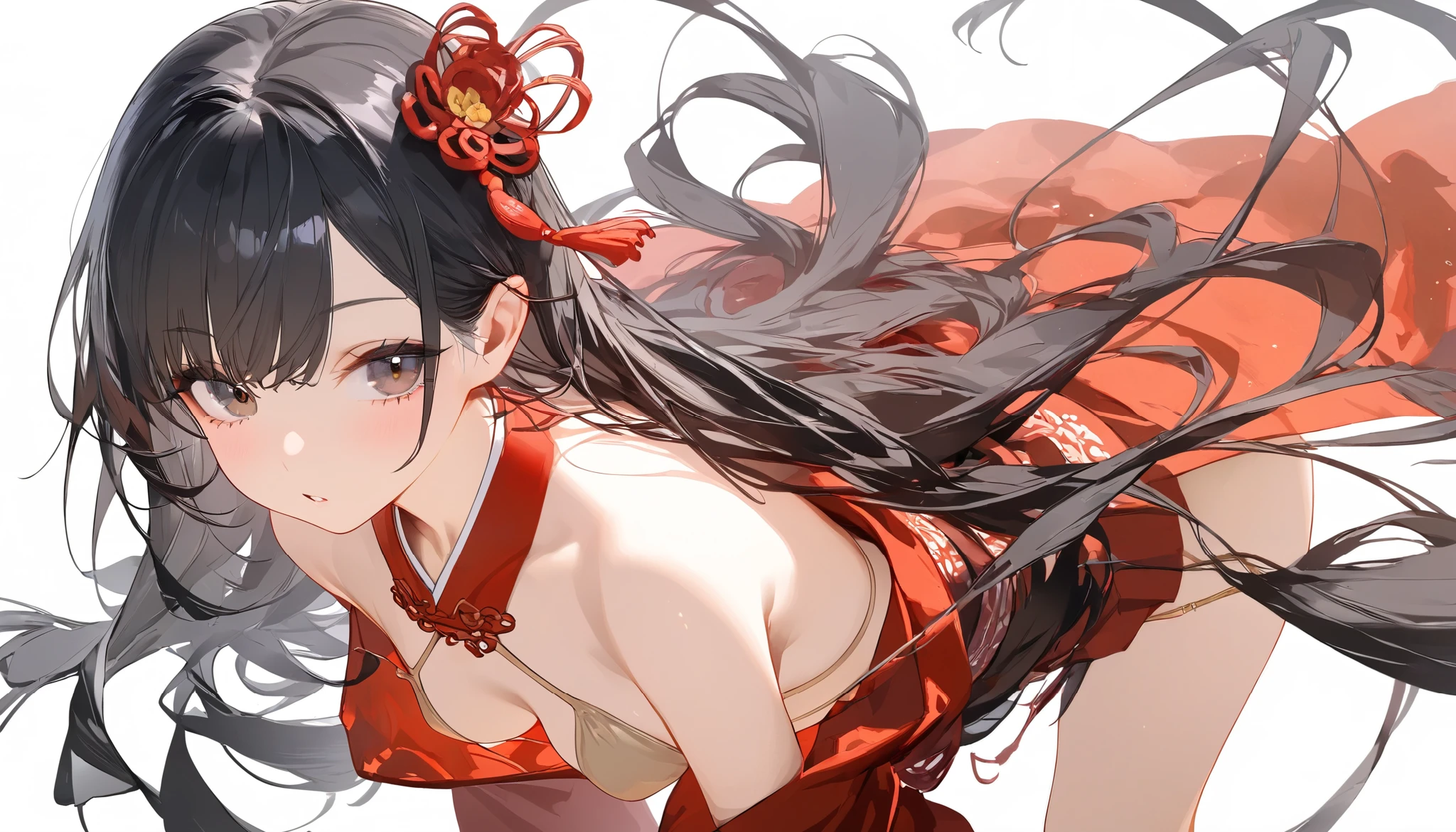 Become，Black long hair，hair，Red Hanfu， beige slingshot swimsuit that shows ，Bare shoulders， beautiful dark eyes ， very detailed， high res，  simple background