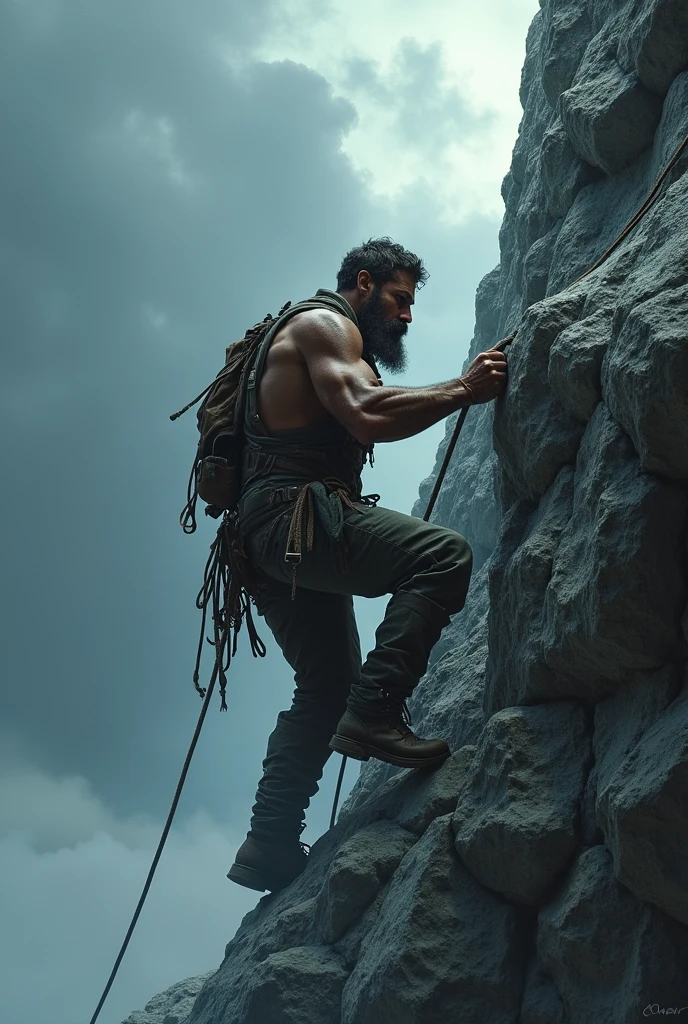 a strong brutal bearded man breaks a stone wall with an iron hammer