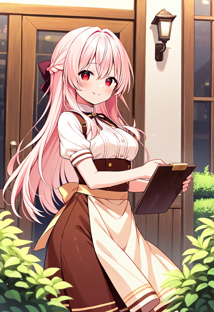 (  masterpieces at the front door of the house ,  top quality ), Dharma、Light pink hair、 red eyes、smile、Heroine、Chaya Musume 、Edo period、Coffee shop waitress、Anna Miller&#39;s