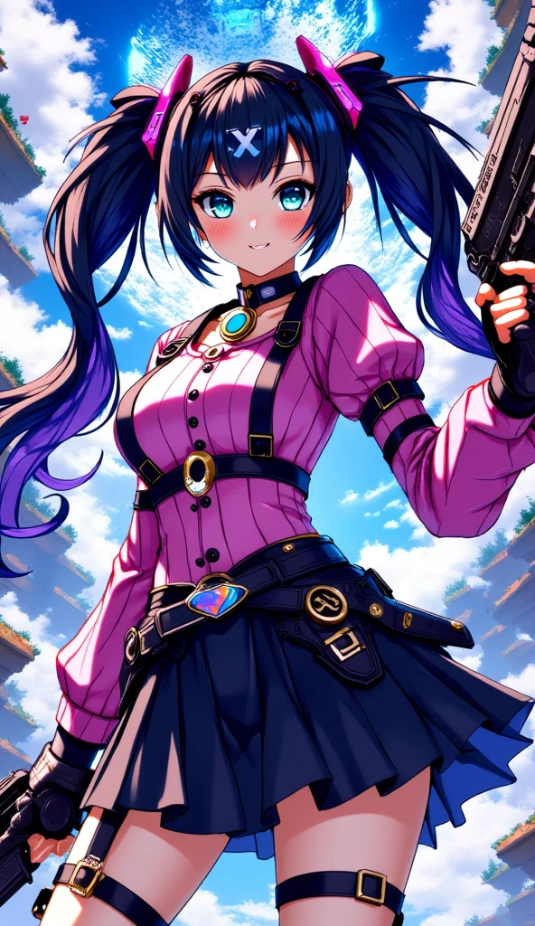 1girl,(Twin tails),Black Hair,purple hair,gradient hair,Very long hair,hime cut,skin fang,jitome,green eyes,o-ring choker,x hair ornament,heart hair ornament,medical eyepatch,jirai kei,pink ribbed shirt,black ribbon,long sleeves,black miniskirt,garter straps,BREAK blush,pout,battoujutsu stance,weapon,BREAK masterpiece,best quality,amazing quality,very aesthetic,BREAK dual wielding,gun