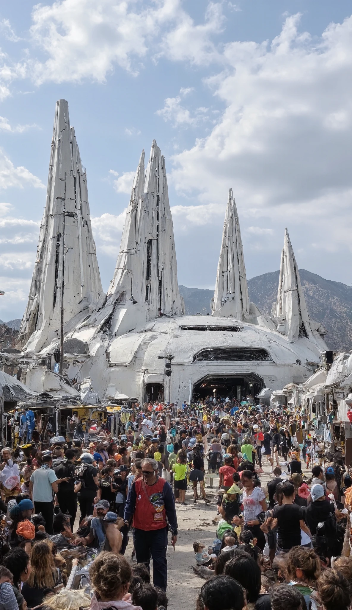 A futuristic spaceport with people and spaceships, tall white buildings, in the style of Star Wars, wide shot, a huge crowd of aliens standing around the main building