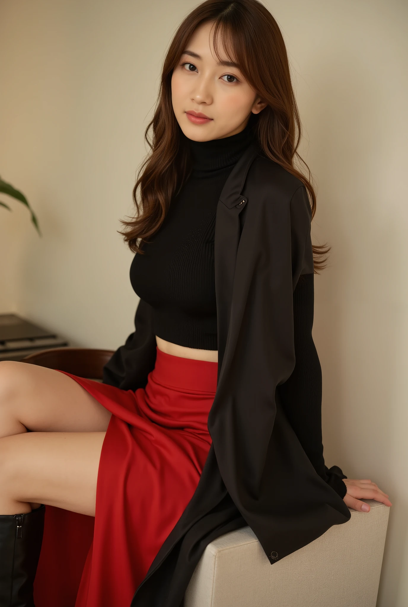 Beautiful Japanese Actress 、I'm wearing a turtleneck knit、 Clothes That Stand Out Her Big Breasts 、 Her Beautiful Legs Are Glimpsed Through Her Long Skirt Slit、Brown semi-long hair、足を組んで座っている、ロングブーツ