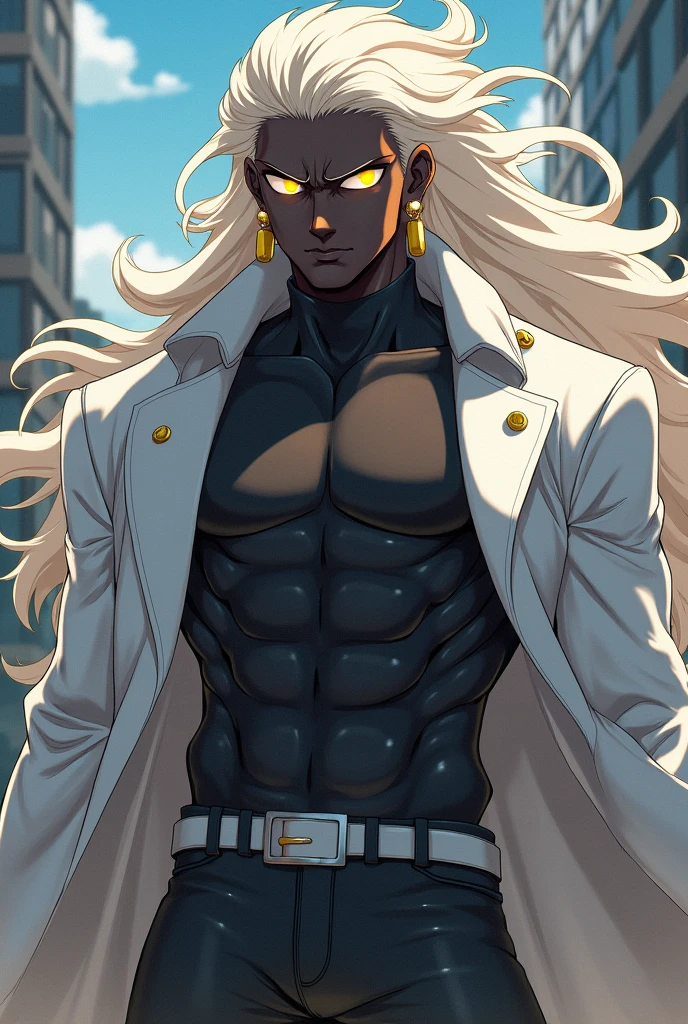 Handsome Anime male dark skinned that has buff with shirt with pants and he has white hair with red eyes. 