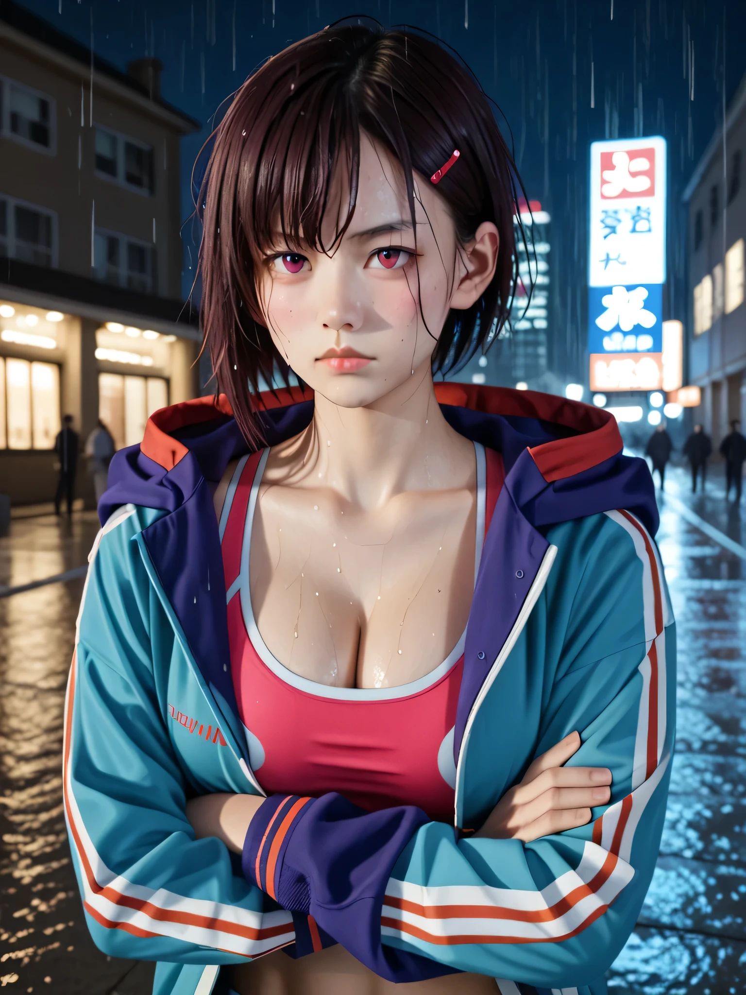 score_9, score_8_up, score_7_up, source_photo,
realistic,photo, dramatic shadows, dynamic angle, (sports bra:1.3), shizukamikazuki, shizuka mikazuki, short hair, dark purple hair, hair ornament, hairclip, pink eyes, swept bangs, navel, cleavage, jacket, open clothes, midriff, hood, open jacket, blue jacket, hooded jacket, sports bra, hood down, outdoors, cityscape, (((zombie))), ((zombie:1.3)), night, dark, shadow, night sky, backlighting, depth of field, (((horror))), grabbing, shorts, perspective, sharp focus, Detailed face, big breasts, large breasts, ((solo)), busty, ((1girl)), beautiful breasts, beautiful ass, dynamic angle, cute face, ((perfect fingers)), (((night))), ((((soaked)))), drenched, ((((wet hair:1.3)))), ((((wet face:1.3)))), ((((dripping wet:1.3)))), (rain:1.6), (night:1.6), ((((arms crossed with a pout)))), ((((arms on top)))), (((seductive pose))), (((sexy pose))),