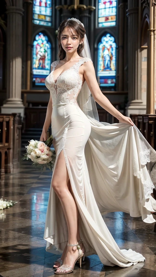 A beautiful young Japanese woman, 26 years old, with healthy thighs, beautiful legs, flawless skin, random hair color and style, large breasts, wearing a (wedding dress:1.3), (she is standing:1.2), full body shot, high heels, holding a bouquet in her hands, in a church setting, (best quality,8k, masterpiece:1.3), (extremely detailed:1.2), perfect anatomy, Masami Nagasawa