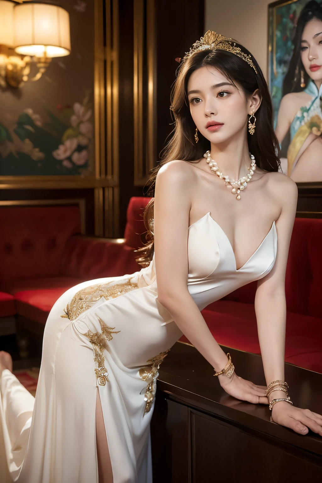 A beautiful woman in a white dress and green gown is sitting on a table, Beautiful seductive woman,