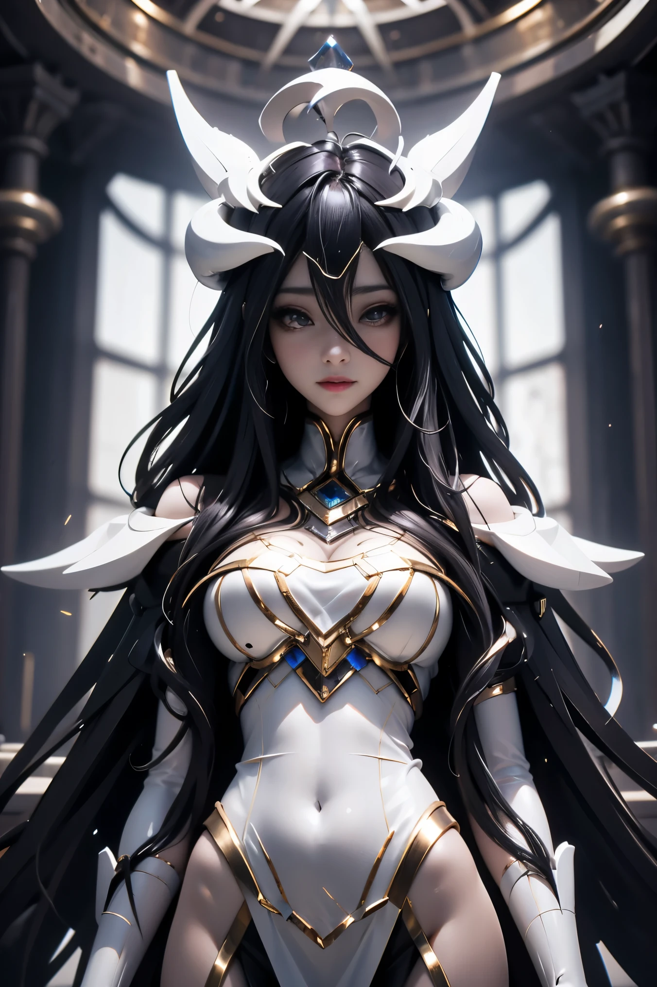 An exquisitely detailed and visually captivating anime girl with flowing black hair and striking blue eyes gazes upward in an artfully stylized 3D rendering, reminiscent of the iconic Matoi Ryuko. Her fair skin, adorned in a pristine white ensemble, radiates a sense of purity and elegance. Delicate strands of hair cascade around her face, framing her perfect features, while side braids add a touch of whimsy to her overall appearance. Every aspect of this artwork is meticulously crafted, ensuring the best quality and resulting in a true masterpiece that is sure to captivate viewers. The level of detail is so breathtaking that even the smallest elements, such as her white clothes and gold eyes, are rendered with utmost care. This enchanting