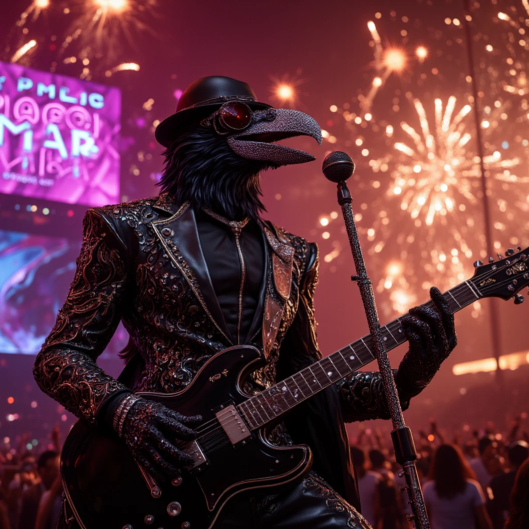 Muscular Anthropomorphic raven donned in intricate black suit with gold trim made of diamonds and a black diamond fedora. Diamonds cover his beak. Dynamically singing. Wears large sunglasses. Lead singer and guitarist of the band "Obsidian Rhythm Project". Sings in to a retro style microphone while playing his guitar. Behind the open air stage, fireworks burst. Massive stadium concert. The words "Happy New Year MAB!!!   Live From The Pearl" on a large neon sign. Dynamic jazz band scene, dynamic pose, High Resolution, Masterpiece, Cinematic, Character Design, Hyperdetailed, Cinematography,  cinematic lighting, Depth Of Field, Sparkle, Ray Tracing, Image Fill, Dynamic Pose, old fashion microphone 