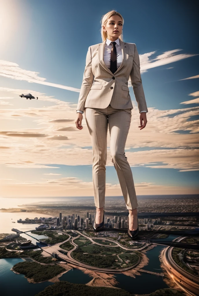 view from outer space of an approaching young giga giantess, Giantess art, 500 miles tall giga giantess, young white sophisticated and stylish woman in a light grey italian trouser suit, form fitting crisp office shirt, and a large wide necktie in a windsor knot, with a beautiful, curvaceous figure, large natural breasts, white blonde hair in a very long ponytail, with a curvaceous figure and massive breasts. wearing black rounded court high heels with uncovered feet and standing, rampage-like pose, with a city skyscrapers background of mega-city, skyscapers, bright daylight, cloudy atmosphere. The image is a high-resolution, masterpiece-quality, cinematic, ultra-detailed, and hyper-photorealistic photograph, with perfect hands, face, and lighting. ultra-detailed, 8K, photo-realistic, hyper-realistic, masterpiece, intricate details, full body view. Looking pasted camera, The image is a high-resolution, masterpiece-quality, cinematic, ultra-detailed, and hyper-photorealistic photograph, with perfect hands, face, and lighting. ultra-detailed, 8K, photo-realistic, hyper-realistic, masterpiece, intricate details, from far down below